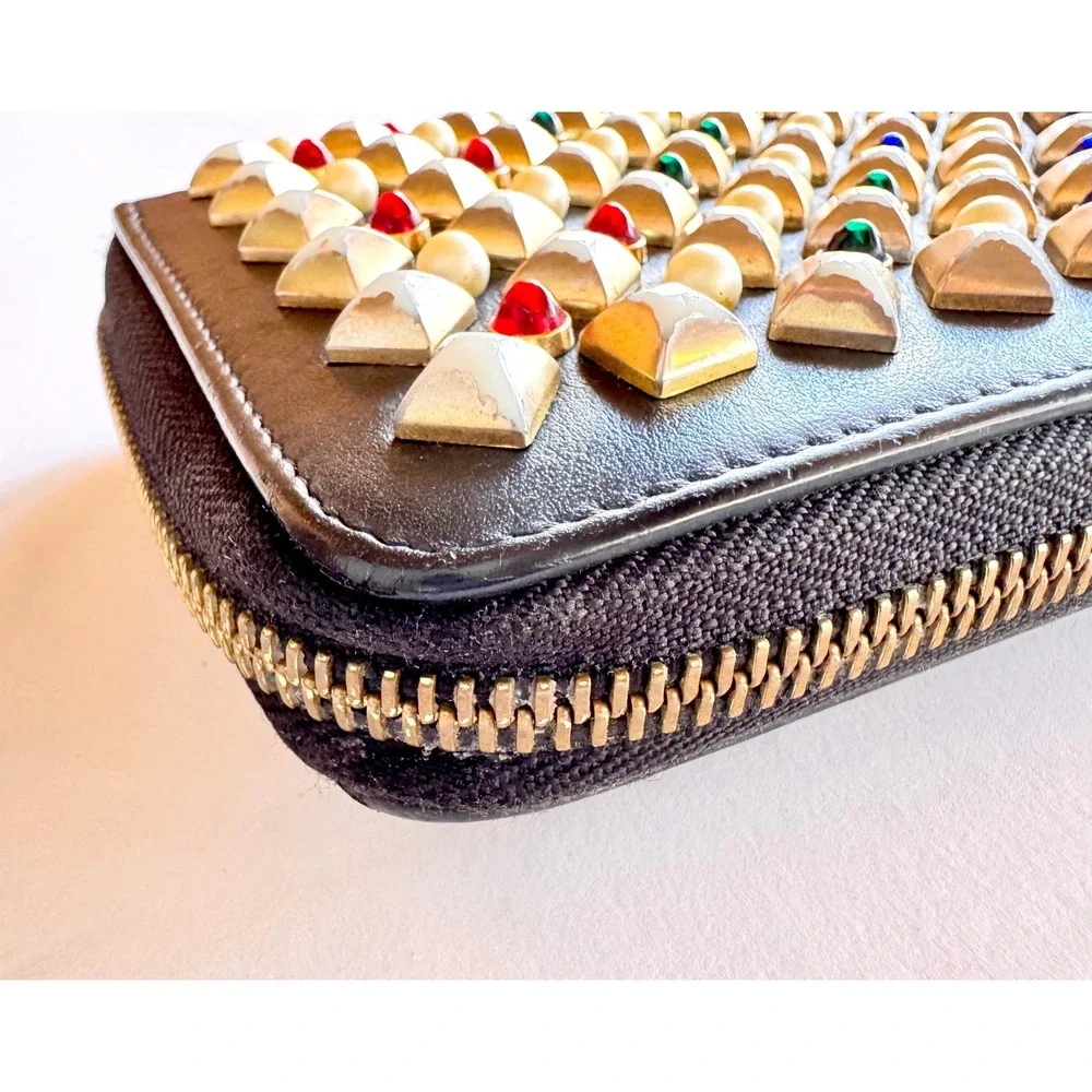 Christian Louboutin ‎ Studded Black Leather Zip Around Wallet Red Interior GUC